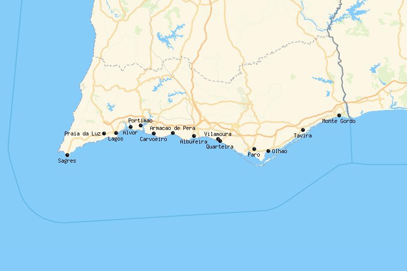 Karte der besten Unterkünfte an der Algarve