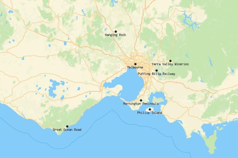 Karte mit Tagesausflügen ab Melbourne